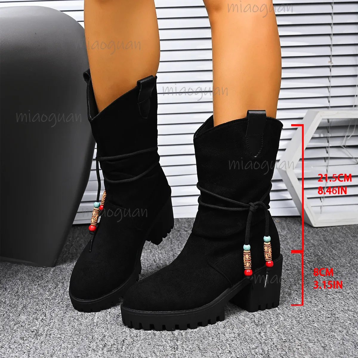 Women's Faux Suede Mid-Calf Boots – Chunky Heel Slip-On Mid-Calf Boots Axl