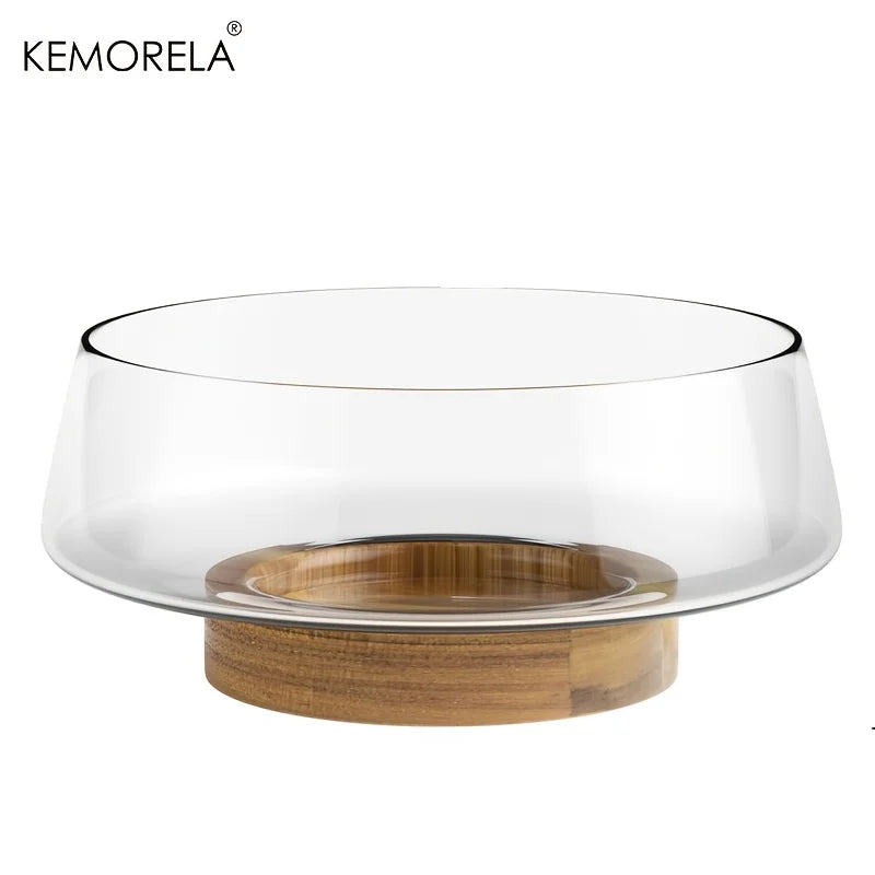 KEMORELA Hand-Blown Glass Salad Bowl Set with Wooden Base Glass Serving Bowl Axl Single Bowl