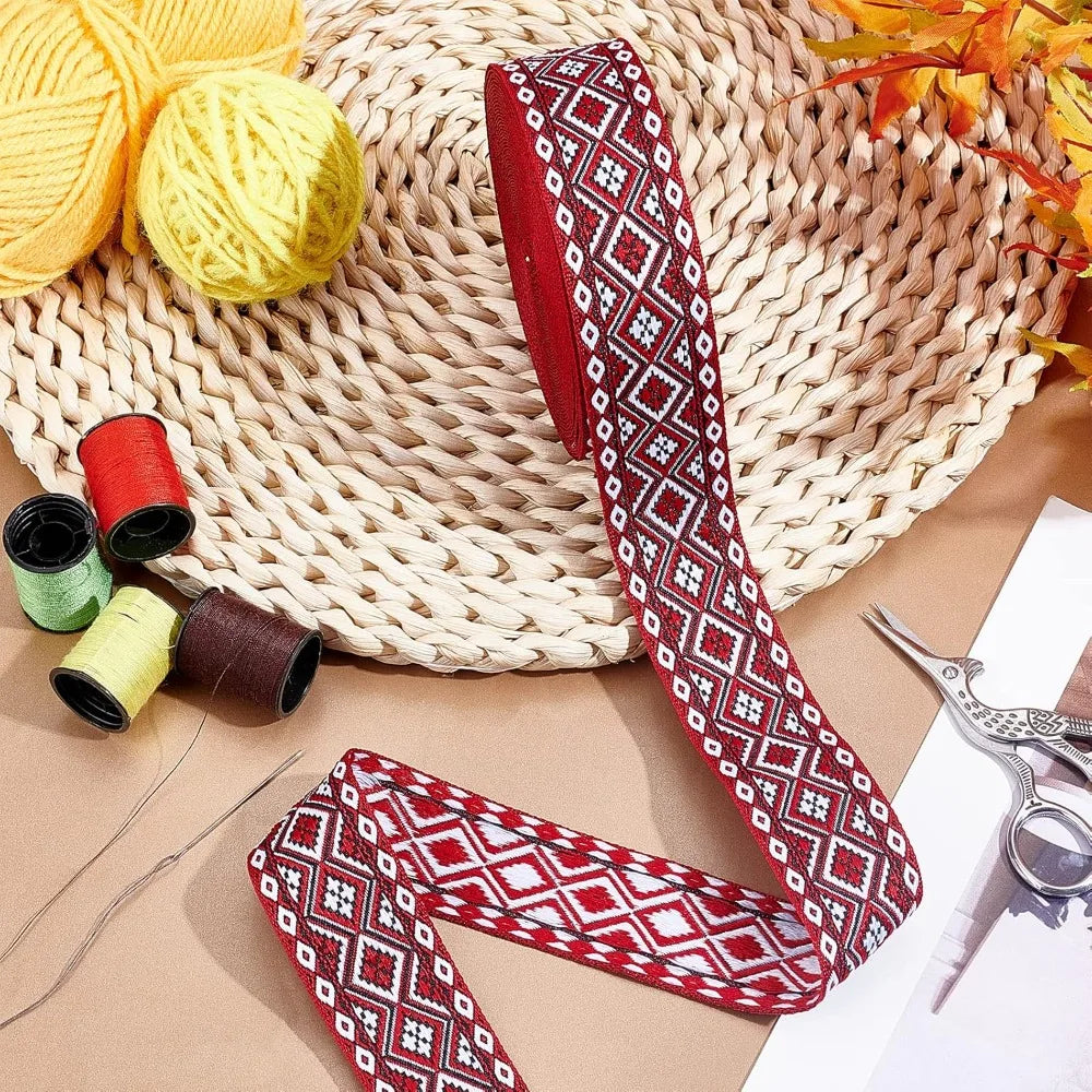 Ethnic Jacquard Ribbon Dark Red Floral 1-1/4" Wide – 10 Yards Jacquard Craft Ribbon Axl