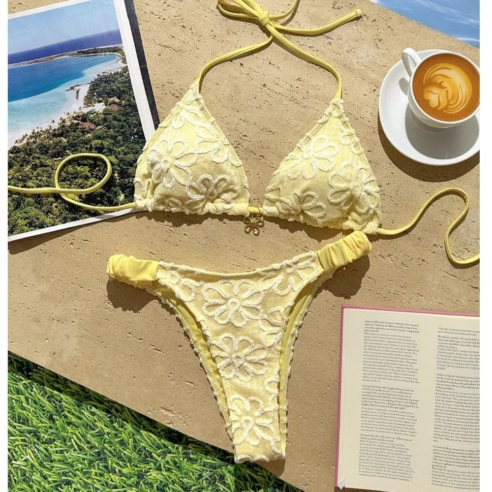 Two-Piece Halter Bikini Set – Deep V Lace-Up Floral Swimwear Halter Bikini Set Axl