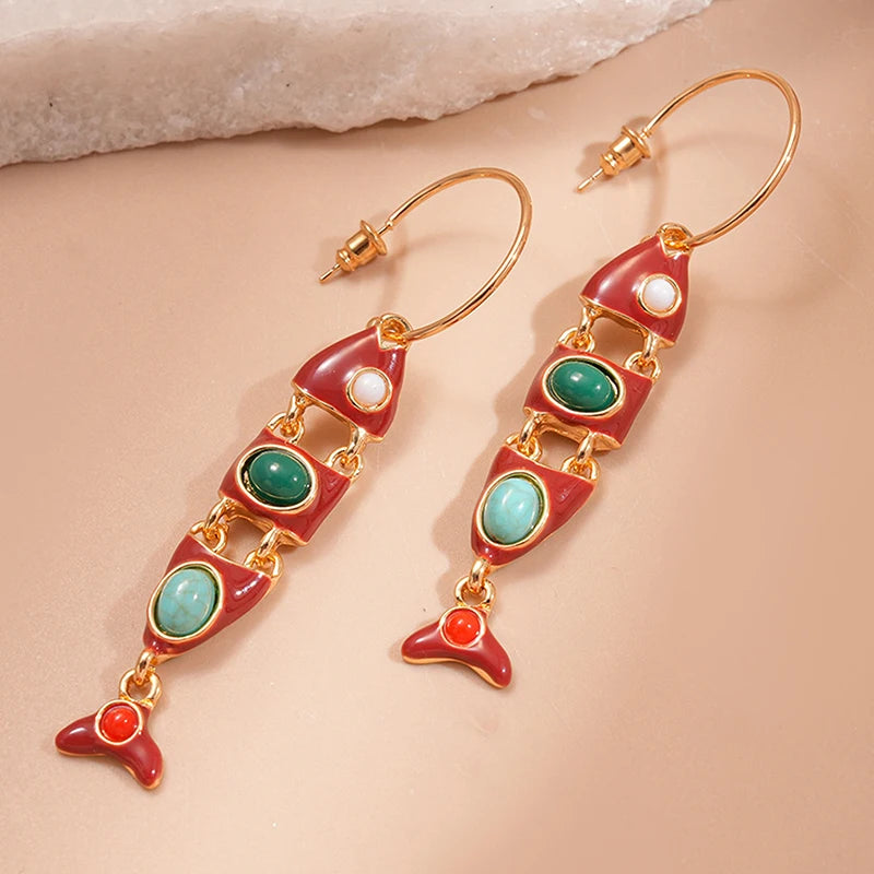 Red Enamel Fish Tassel C-Hoop Earrings | Ethnic Boho Style Hoop Earrings Axl