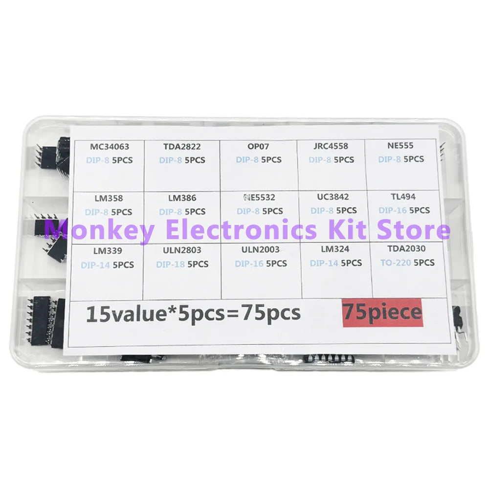 75PCS 15-Value DIP IC Kit – NE555, LM358, LM386 & More IC Component Kit Axl
