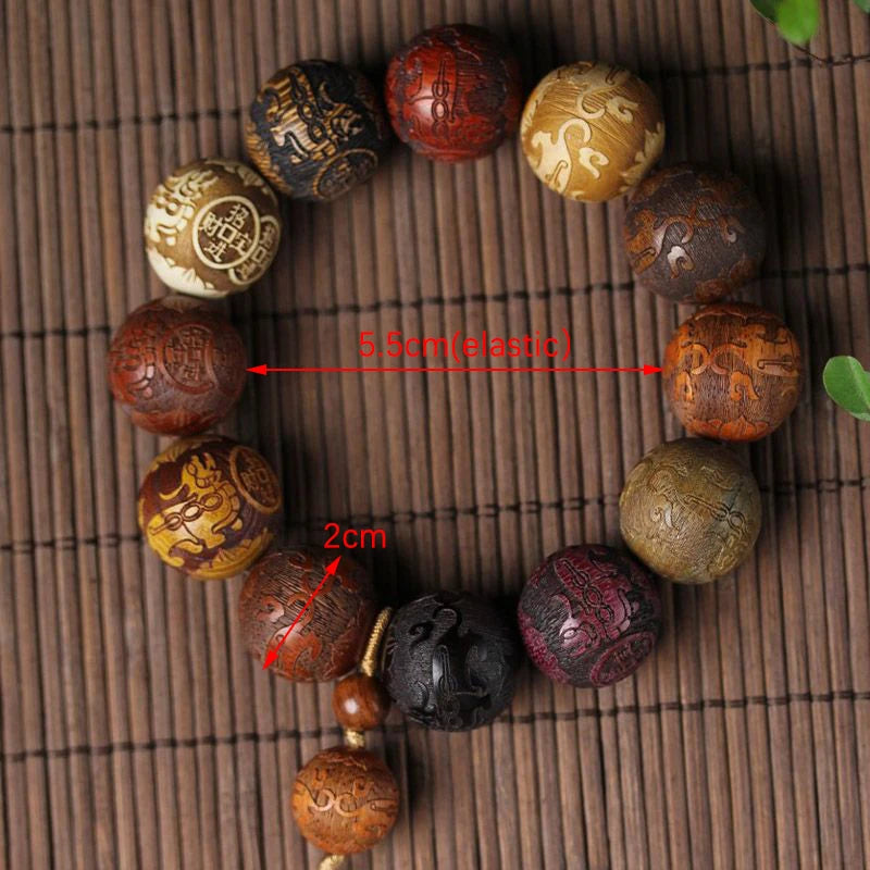 20mm Handmade Wood Carved Beaded Bracelet with Pendant | Unisex Beaded Wood Bracelet Axl