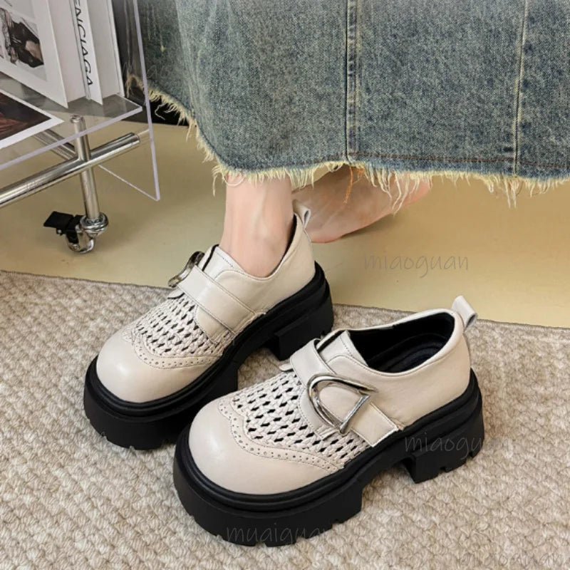 Women's Perforated Platform Wedge Loafers – Retro Buckle Sandal Platform Wedge Loafers Axl white-2 37