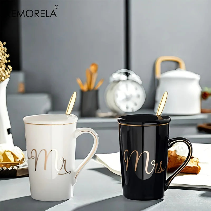 Golden Ceramic Coffee Mug Set with Lids & Spoons 400ml | 2-Pack Ceramic Mug Set Axl