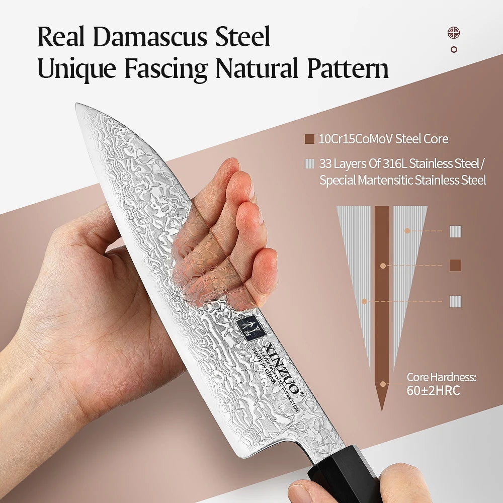XINZUO 7.3" Damascus Santoku Knife – Olive Wood Handle Damascus Santoku Knife Axl