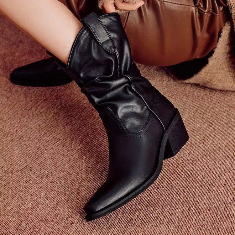 Women's Chunky Heel Western Ankle Boots – Faux Suede Pointed Toe Western Ankle Boots Axl