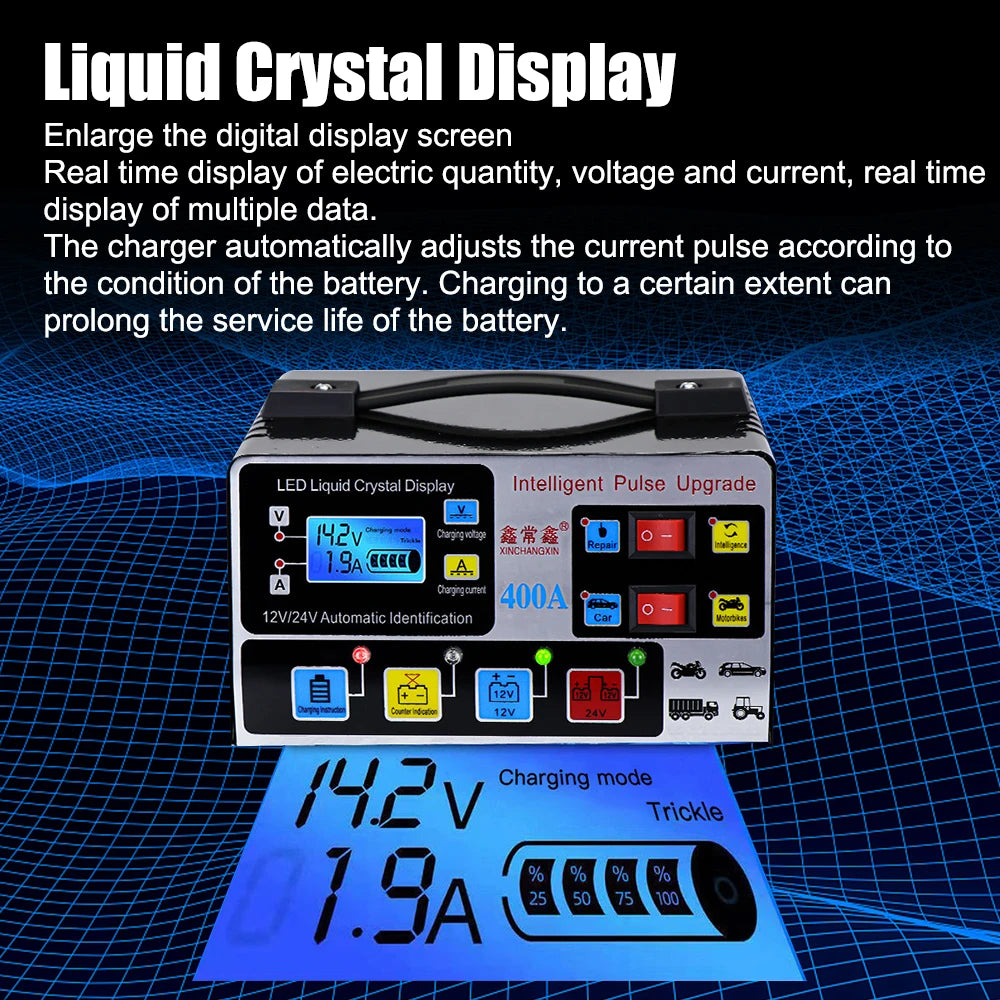 220W Smart Car Battery Charger LCD 12V/24V Pulse Repair EU Plug Car Battery Charger Axl