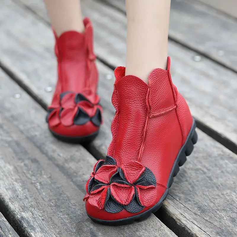Lorilury Women's Genuine Leather Flower Ankle Boots | Retro Chunky Women's Ankle Boots Axl Red (No plush) 35 CN