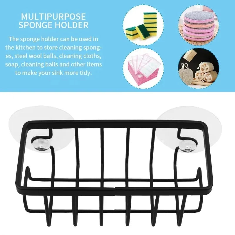 Black Kitchen Sponge Holder with Hooks & Suction Cup Caddy Sink Caddy Organizer Axl