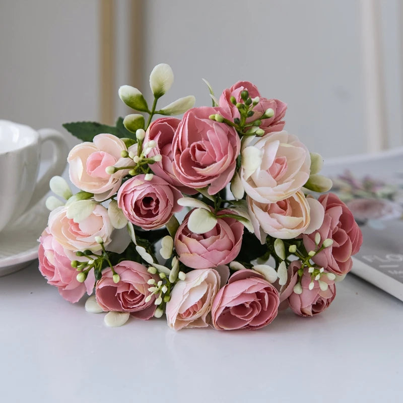 Artificial Silk Rose Tea Bud Flowers – Wedding & Home Decor Artificial Silk Flowers Axl Pink 3 pcs