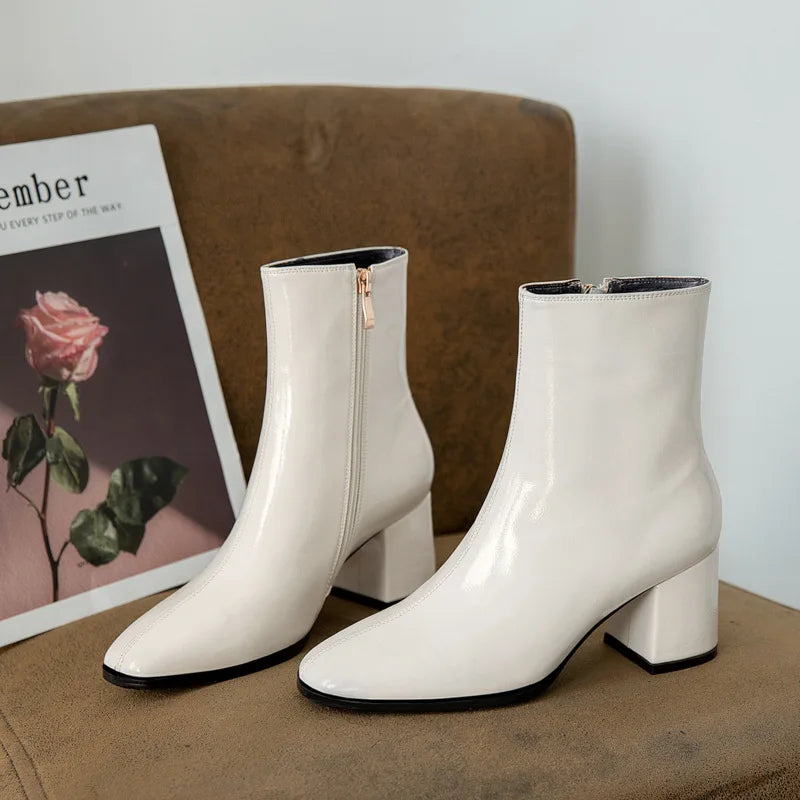 Women's White Ankle Boots – Side Zip Pointed Toe Square Heel Women's Ankle Boots Axl WHITE 35