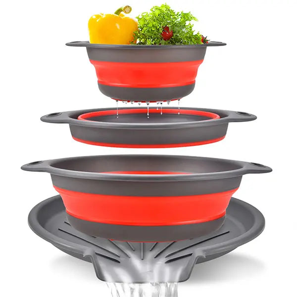 Foldable Colander Strainer Set & Self-Draining Base | 3/4 PCS Colander Strainer Set Axl 4PCS Red Set