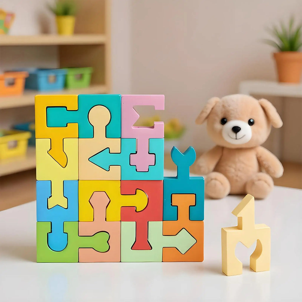 16-Piece Wooden Geometric Shape Matching Puzzle for Kids Wooden Kids Puzzle Axl