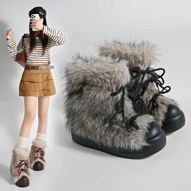 Women's Faux Fur Bow Ankle Snow Boots – Warm Winter Flats Women's Ankle Boots Axl