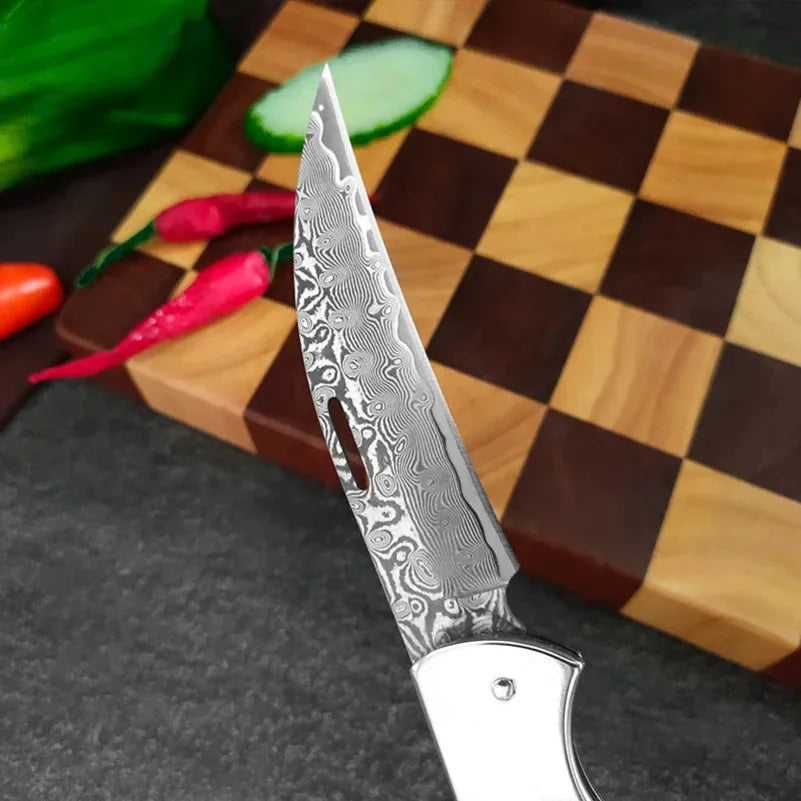 Damascus Steel Folding Knife – Sharp Wood Handle Kitchen Knife Folding Kitchen Knife Axl