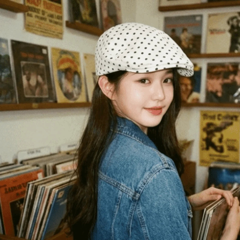 Y2K Polka Dot Beret Hat – Adjustable Vintage Peaked Cap Beret Hat Axl