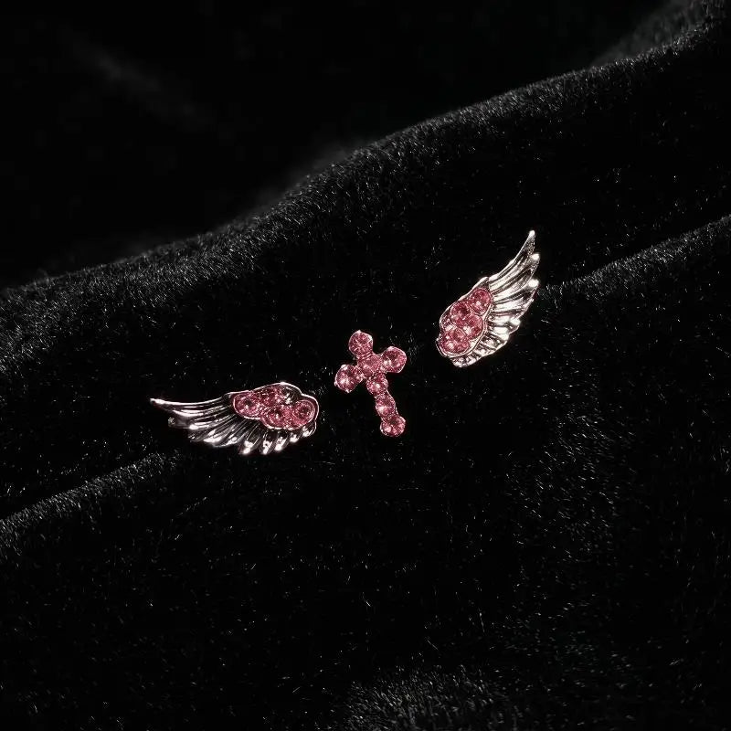 Vintage Punk Pink Zircon Wing Cross Earrings Set 3/4 Pcs Earring Set Axl