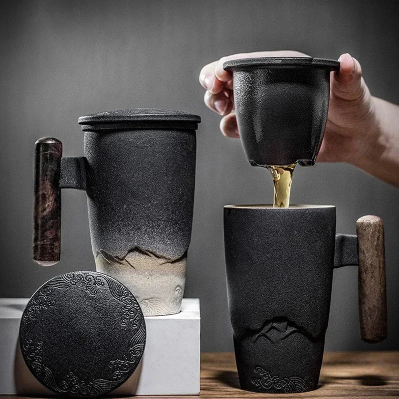 Retro Ceramic Tea Mug with Lid, Filter & Wooden Handle Ceramic Tea Mug Axl