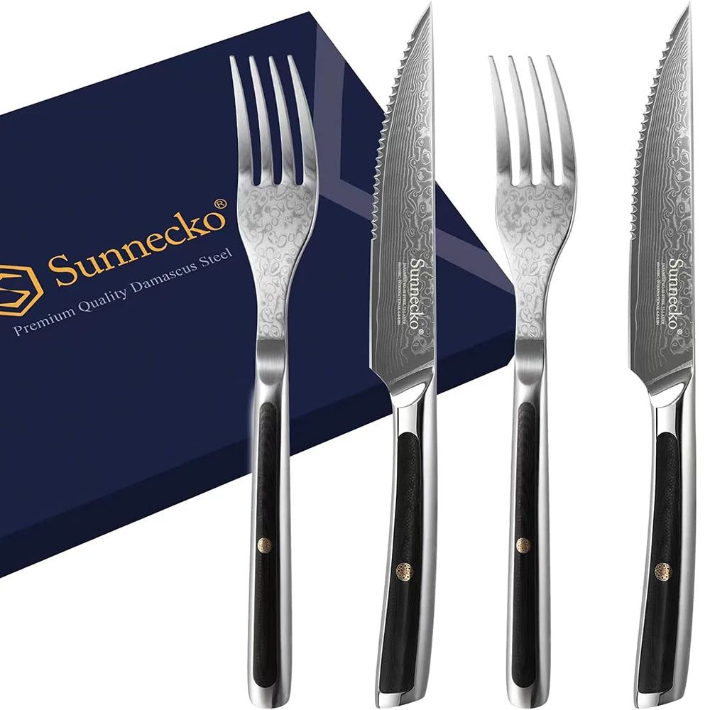Sunnecko 73-Layer Damascus VG10 Steak Knife & Fork Set Steak Knife Set Axl 4PCS Set A China Mainland