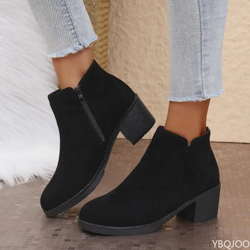 YBQJOO Women's Retro Suede Ankle Boots | Square Heel Zip Women's Ankle Boots Axl