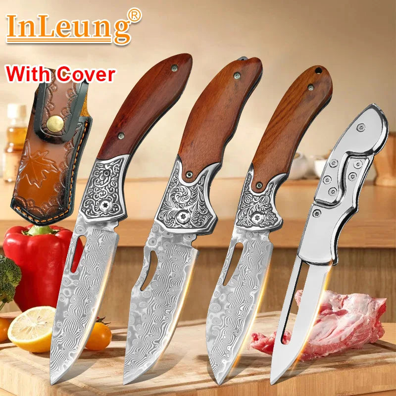 InLeung VG10 Damascus Steel Folding Kitchen Knife – Wood Handle Folding Kitchen Knife Axl