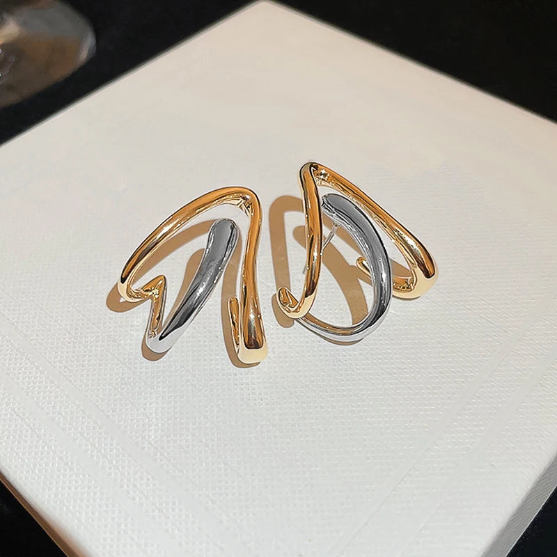 Huitan Two-Tone Metal Stud Earrings | Geometric Fashion Jewelry Stud Earrings Axl