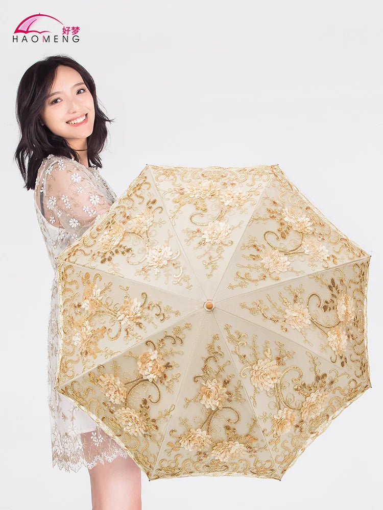 Women's Lace Embroidery Folding Parasol – UV & Rain Umbrella Folding Parasol Axl