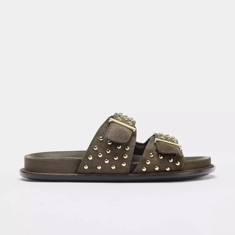 Women's Metal Rivet Flat Sandals – Slip-On Beach Slides Flat Sandals Axl
