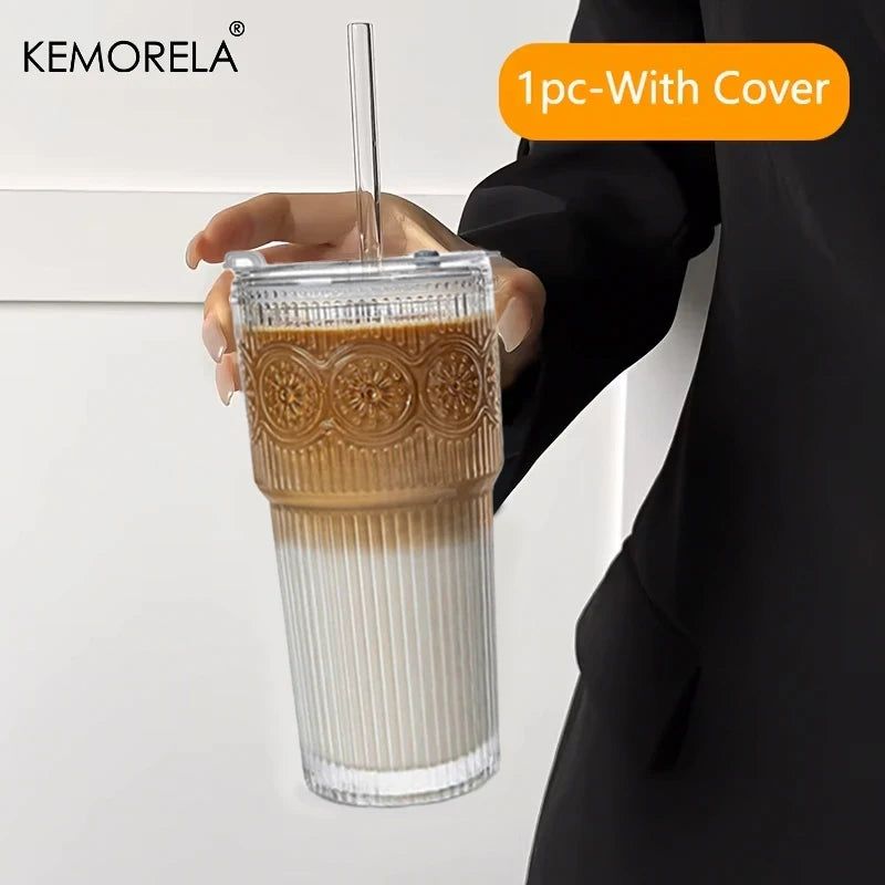 KEMORELA 600ml Floral Glass Tumblers with Lid & Straw | 1-2 Pack Glass Tumbler Set Axl 1PCS 600ML
