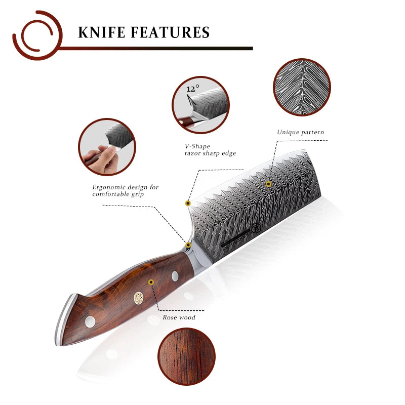 Grandsharp Nakiri Knife – 67-Layer Damascus Steel Rosewood Damascus Kitchen Knife Axl
