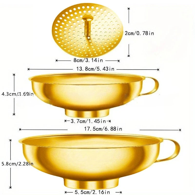 3-Piece Stainless Steel Canning Funnels with Strainer | Wide Mouth Canning Funnel Set Axl Golden-3pcs