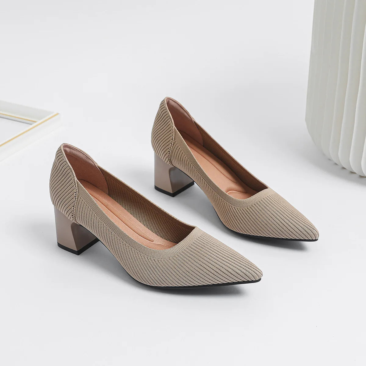 YBQJOO Women's Pointed Toe Block Heel Pumps – Knit Work Shoes High Heel Pumps Axl Apricot 37
