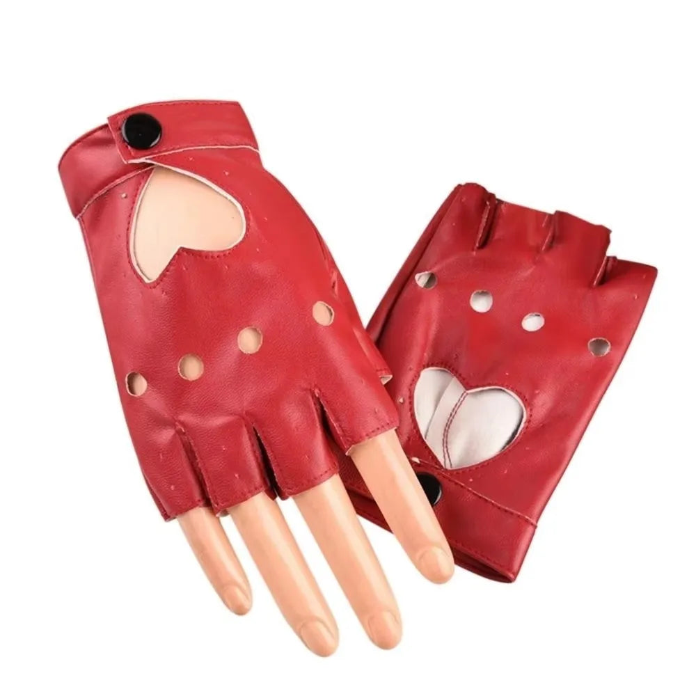 Y2K Punk PU Leather Fingerless Gloves | Heart Hollow Half Finger Fingerless Fashion Gloves Axl