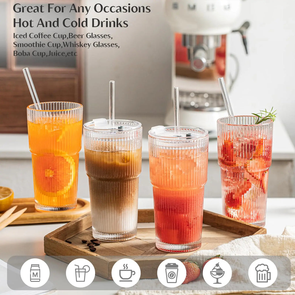 KEMORELA 590ml Ribbed Glass Tumblers with Lids & Straws 4-Pack Glass Tumbler Set Axl