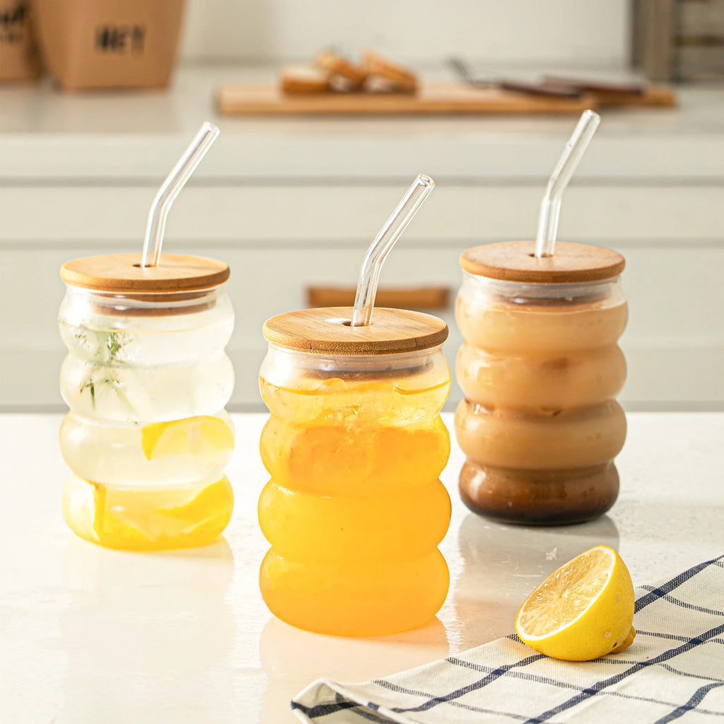 4-Pack Wave Borosilicate Glass Cups with Lid & Straw | KEMORELA Glass Drinkware Set Axl