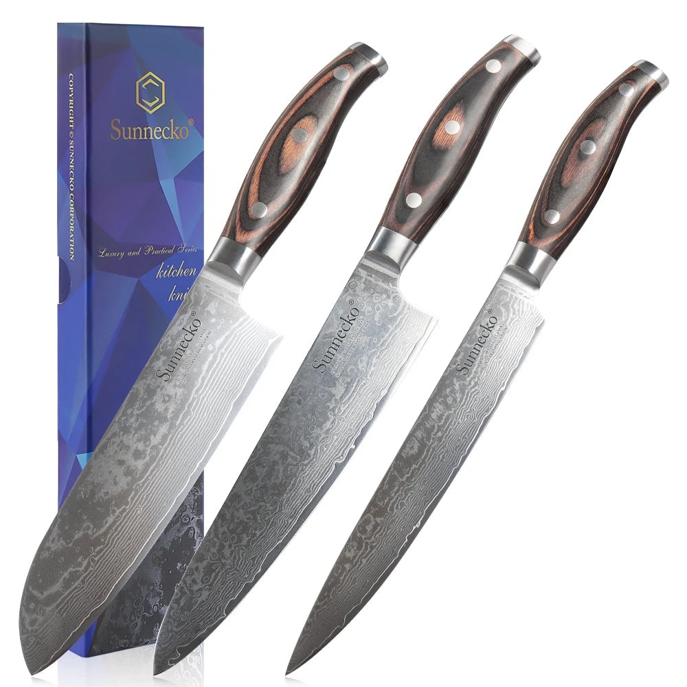 Sunnecko Damascus Steel Chef Knife Set – VG10 Pakkawood 1–3 Pc Damascus Kitchen Knife Set Axl 3PCS Knives Set