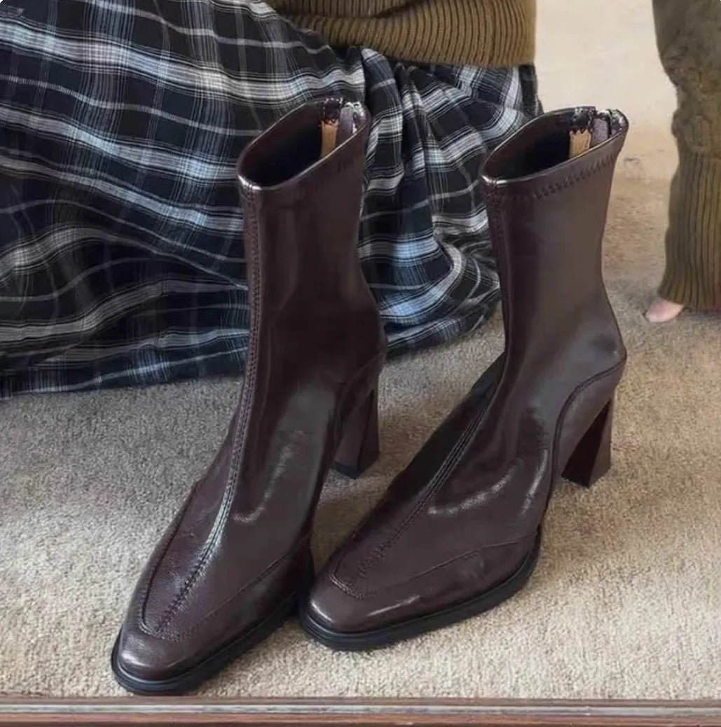 Women's Thick Heel Ankle Boots – Retro Square Toe High Heels Ankle Boots Axl Brown 7cm 36