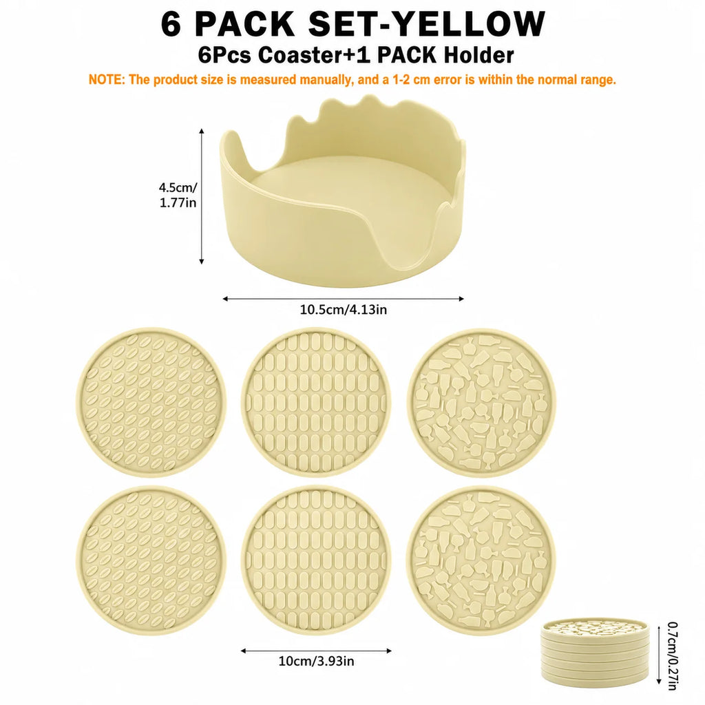 6-Pc Silicone Coasters Set with Holder & Dustproof Lid Silicone Coaster Set Axl 6 Pack Set- Yellow