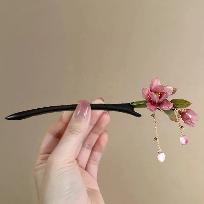 Floral Hair Stick – Chinese Style Pink Flower Tassel Hairpin Floral Hair Stick Axl