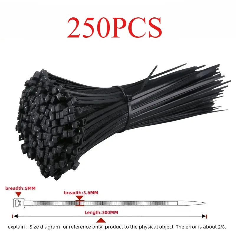 Black Nylon Cable Ties 250PCS – Self-Locking Zip Wrap Straps Nylon Cable Ties Axl 5x300MM-250PCS
