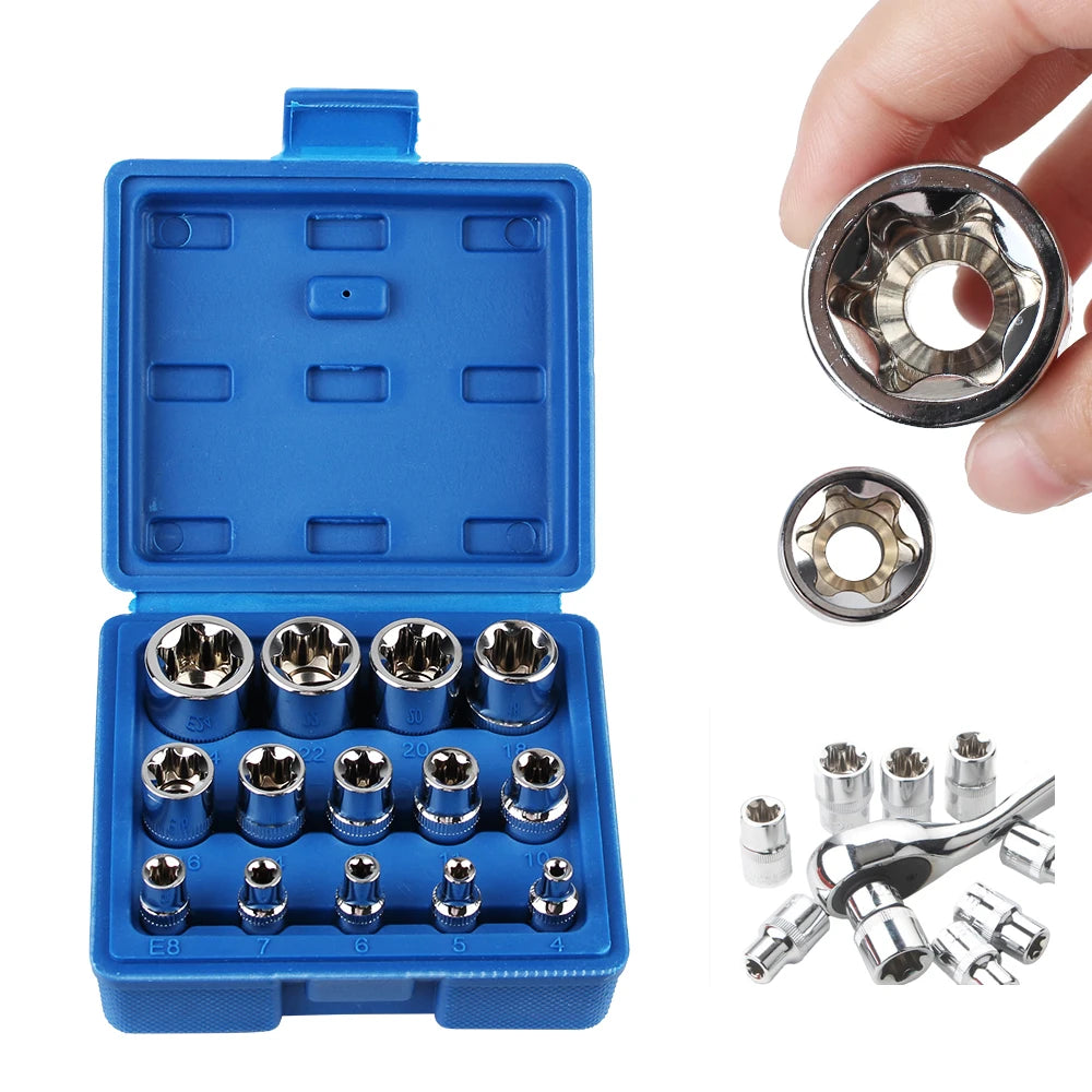 14-Pc E4–E24 Female Torx Star Socket Set with Case Torx Socket Set Axl