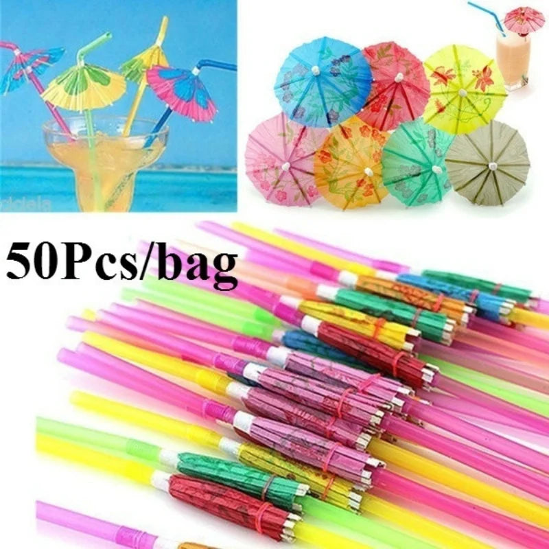 50 Cocktail Umbrella Straws – Tropical Party & Hawaiian BBQ Party Drinking Straws Axl