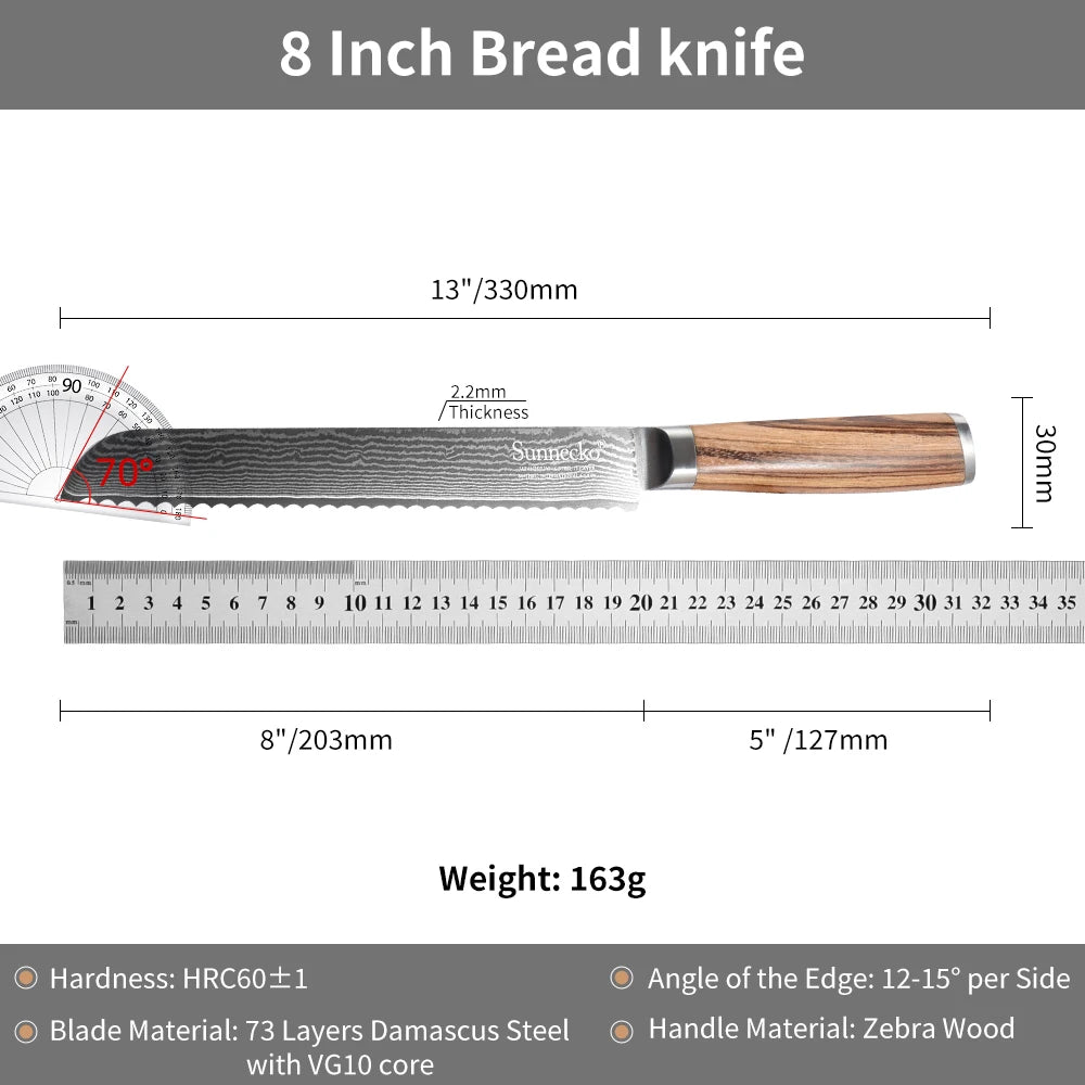 Sunnecko 8" Damascus Serrated Bread Knife – 73-Layer VG10 Steel Serrated Bread Knife Axl Bread Knife B China Mainland 8 inch