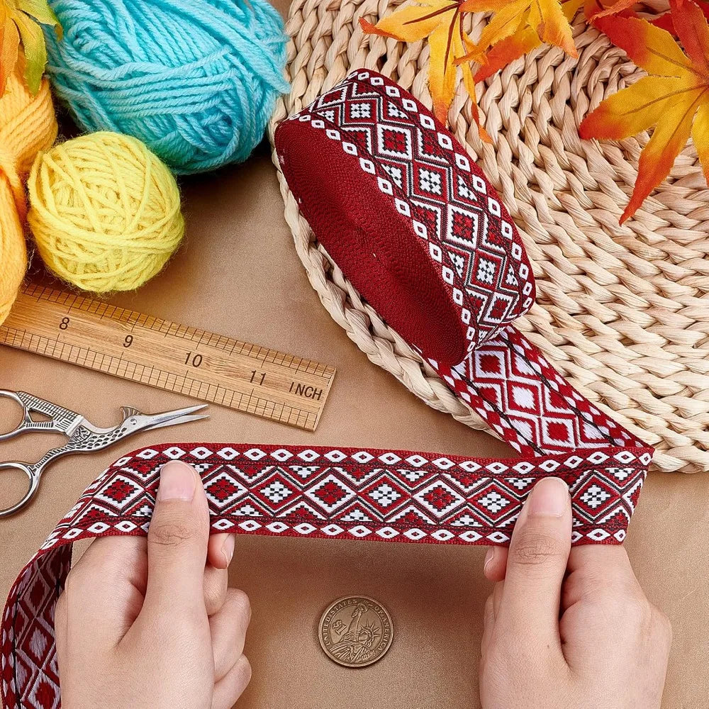 Ethnic Jacquard Ribbon Dark Red Floral 1-1/4" Wide – 10 Yards Jacquard Craft Ribbon Axl