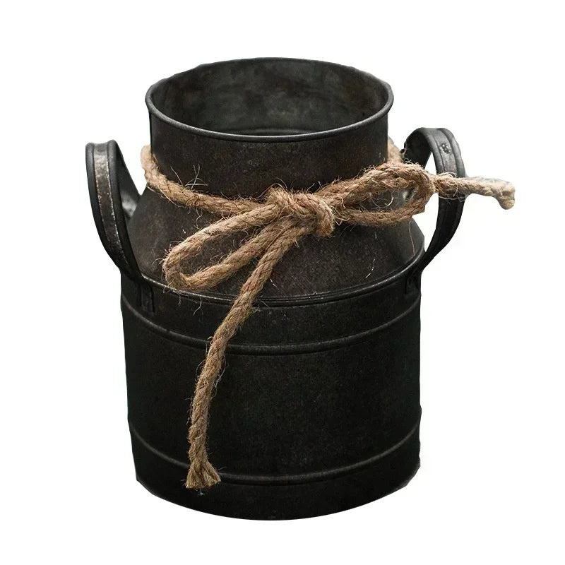 Retro Tin Flower Bucket Vase – Vintage Metal Milk Jug Planter Decorative Vase Axl DARK GRAY