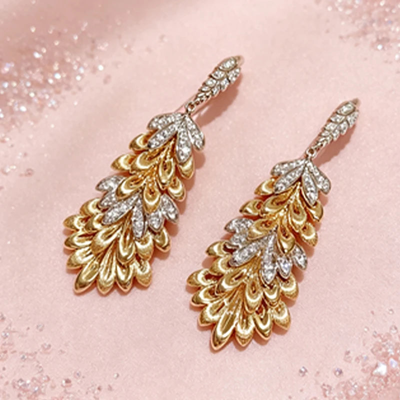 Huitan Two-Tone Leaf Drop Earrings | Cubic Zirconia Wedding Jewelry Drop Earrings Axl E5471