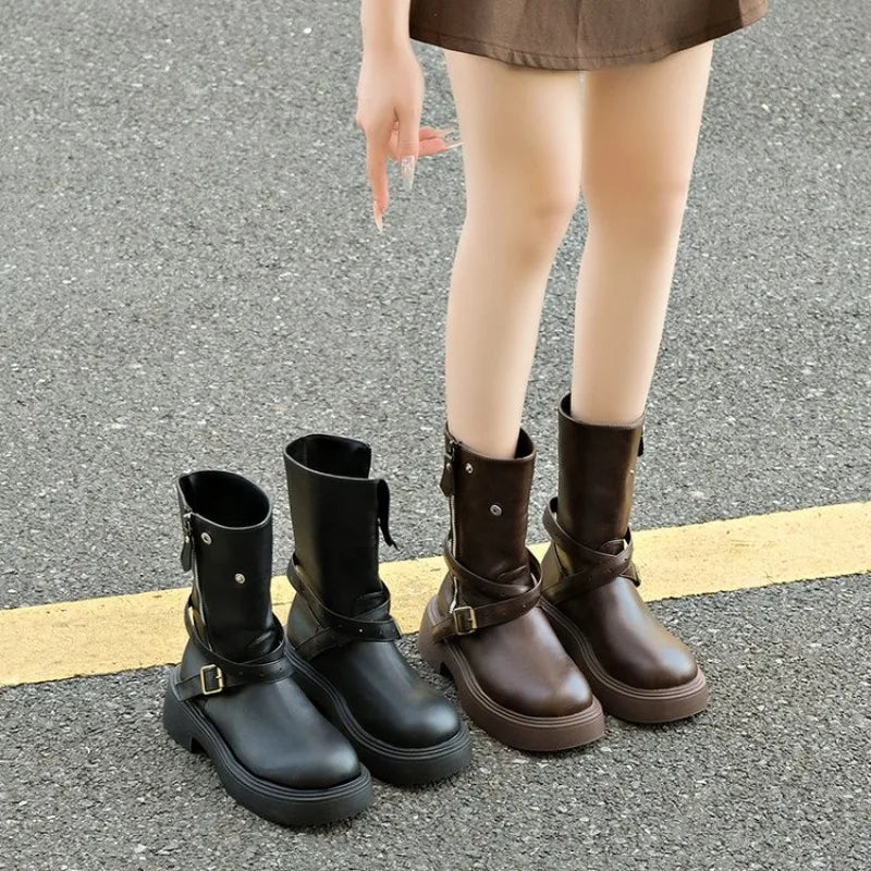 Women's Retro Mid-Calf Boots – Buckle Strap Round Toe Women's Mid-Calf Boots Axl