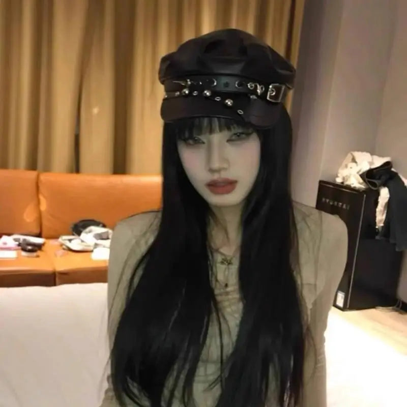 Vintage Rivet Beret – Y2K Gothic Faux Leather Flat Cap Women Faux Leather Beret Axl