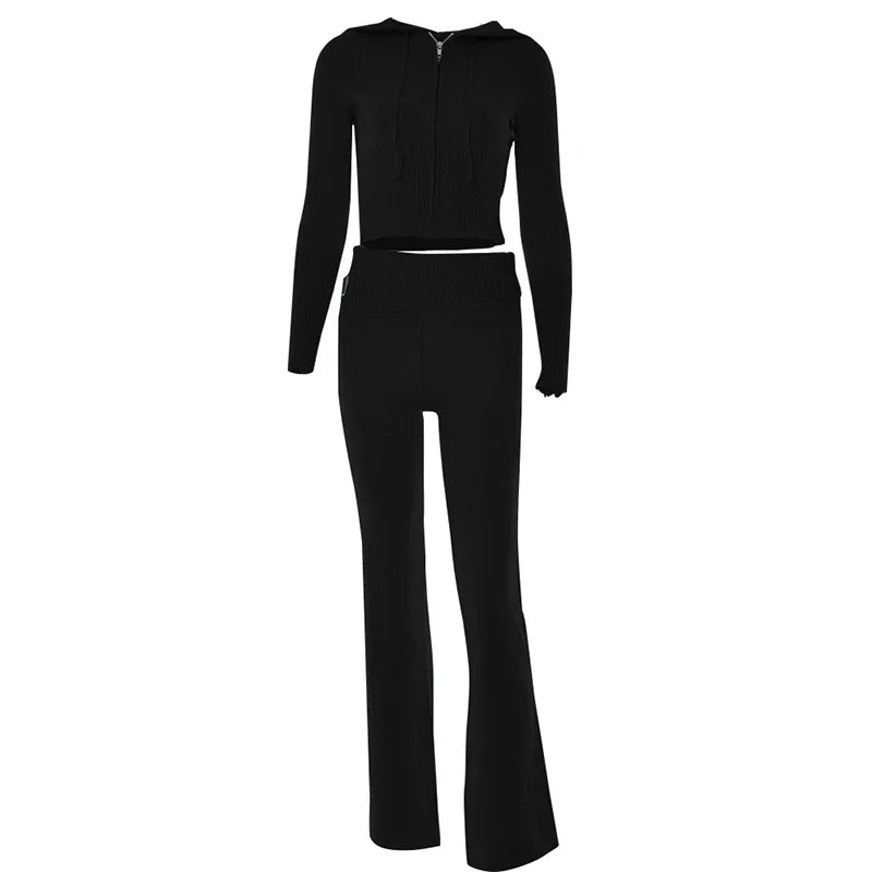 Women's Ribbed Knit Tracksuit – Hooded Crop Top & Flare Pants Women's Tracksuit Set Axl black S